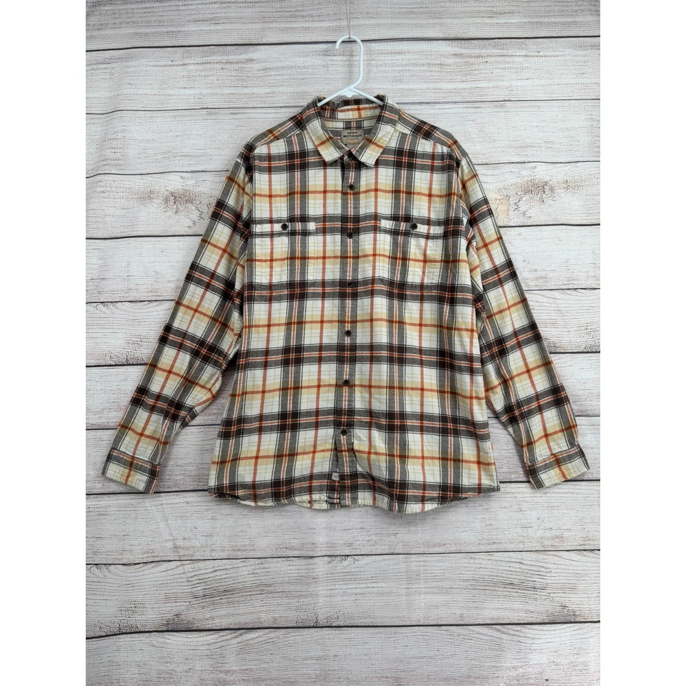 Quiksilver Waterman Shirt Mens XXL Brown Orange Plaid Long Sleeve Button Up